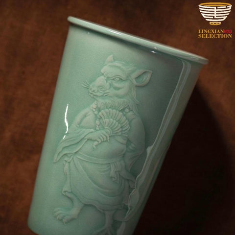 Handcrafted Celadon Zodiac Cup – Tu Renzhai Chinese Jade Glaze Porcelain Tumbler with Glossy Glaze & 12 Animal Designs