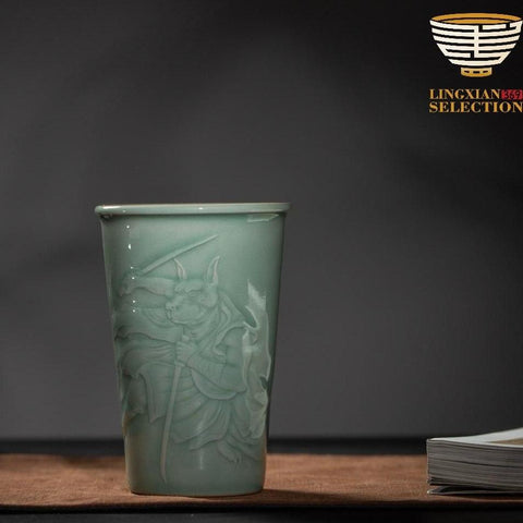 Handcrafted Celadon Zodiac Cup – Tu Renzhai Chinese Jade Glaze Porcelain Tumbler with Glossy Glaze & 12 Animal Designs