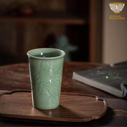 Handcrafted Celadon Zodiac Cup – Tu Renzhai Chinese Jade Glaze Porcelain Tumbler with Glossy Glaze & 12 Animal Designs