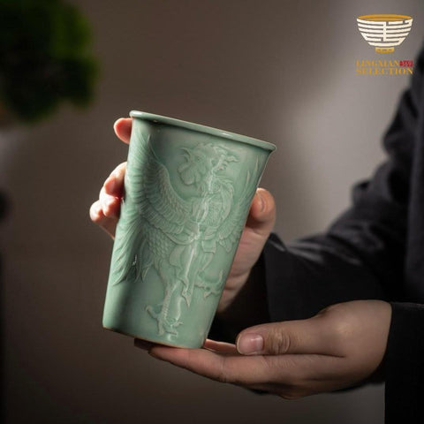 Handcrafted Celadon Zodiac Cup – Tu Renzhai Chinese Jade Glaze Porcelain Tumbler with Glossy Glaze & 12 Animal Designs