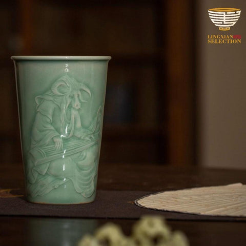 Handcrafted Celadon Zodiac Cup – Tu Renzhai Chinese Jade Glaze Porcelain Tumbler with Glossy Glaze & 12 Animal Designs