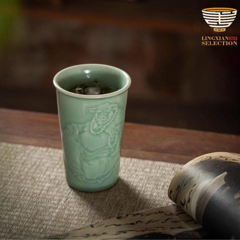 Handcrafted Celadon Zodiac Cup – Tu Renzhai Chinese Jade Glaze Porcelain Tumbler with Glossy Glaze & 12 Animal Designs