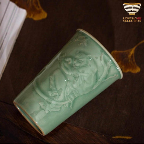 Handcrafted Celadon Zodiac Cup – Tu Renzhai Chinese Jade Glaze Porcelain Tumbler with Glossy Glaze & 12 Animal Designs