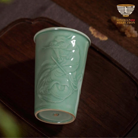 Handcrafted Celadon Zodiac Cup – Tu Renzhai Chinese Jade Glaze Porcelain Tumbler with Glossy Glaze & 12 Animal Designs