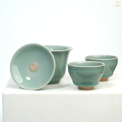 Jin Hongyang · Celadon Pink Blue Tea Set (3-Piece)｜One Gaiwan & Two Cups · High-Fired Porcelain · Elegant Gift Box · Ideal for Gongfu Brewing