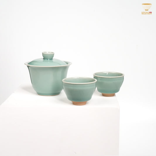 Jin Hongyang · Celadon Pink Blue Tea Set (3-Piece)｜One Gaiwan & Two Cups · High-Fired Porcelain · Elegant Gift Box · Ideal for Gongfu Brewing