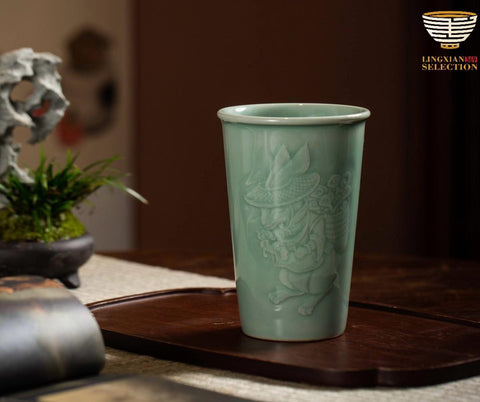 Handcrafted Celadon Zodiac Cup – Tu Renzhai Chinese Jade Glaze Porcelain Tumbler with Glossy Glaze & 12 Animal Designs