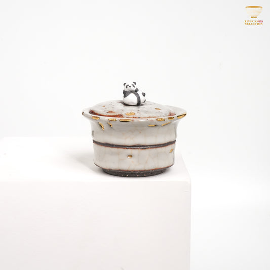 Gao Yue · Shino Ware Panda Bamboo-Form Gaiwan  | Handmade Ceramic with Crackle Glaze & Gold Accents | Collectible Oriental Teaware Gift