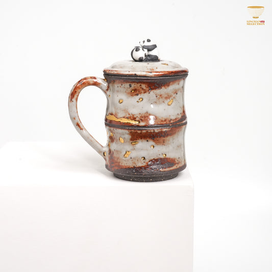 Gao Yue · Shino Ware Panda Bamboo-Form Mug  | Handmade Ceramic with Crackle Glaze & Gold Accents | Collectible Oriental Teaware Gift