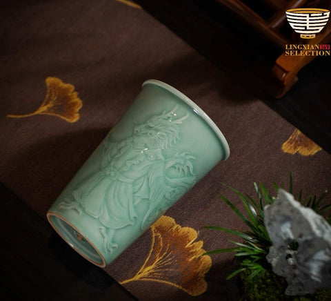 Handcrafted Celadon Zodiac Cup – Tu Renzhai Chinese Jade Glaze Porcelain Tumbler with Glossy Glaze & 12 Animal Designs