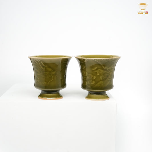 Jin Hongyang · Celadon Plum-Green Dragon & Phoenix Cup Set｜Imperial-Glazed Elegance · Auspicious Relief Carving · Paired Harmony · A Refined Gift for Couples