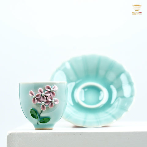 Lei Huixian Handmade Celadon Teacup Set | Cloud, Koi & Floral Relief Series | Sculpted 3D Porcelain Gift Set