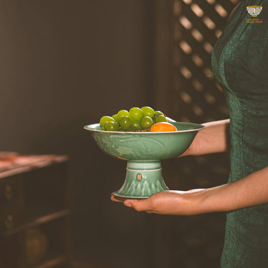 Turenzhai · “Ruguo” “Auspicious Clouds“ Celadon Fruit Plate | Cloud Motif Pedestal Dish | Elegant Tea Table & Dining Decor | Gift Box for Special Occasions