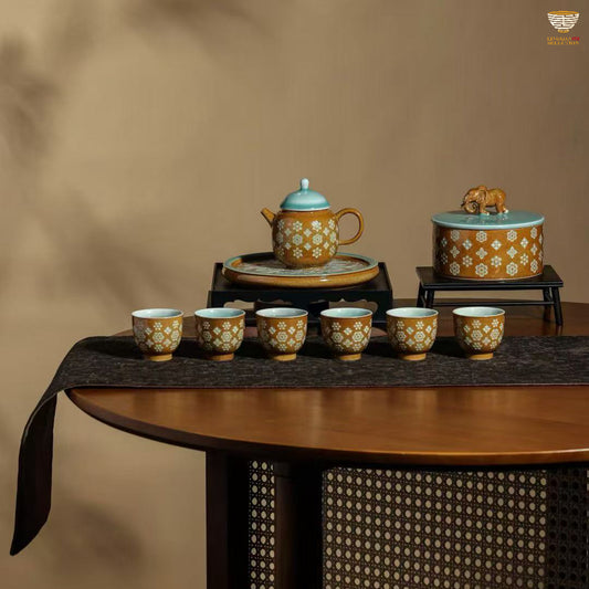 Lei Huixian · Gray Glaze Floral Tea Set | 1 Teapot, 1 Tea Caddy & 6 Cups | Handmade Ceramic Gongfu Set · Vintage Elegance · Perfect Tea Gift