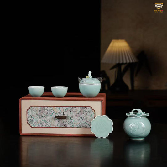 Lei Huixian · Mid-Autumn Tea Set | Celadon Cups ,Sahring cup,Lid-holder & Tea Jar with Gift Box · Elegant Handmade Ceramic Set for Festive Tea Ceremony & Gifting