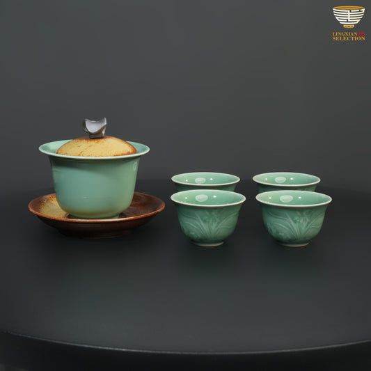 Wu Jun · Golden Orchid Celadon Tea Set｜One Gaiwan And Four Cups｜Embossed Orchid Motif · Cool Jade Glaze · Handmade Elegance