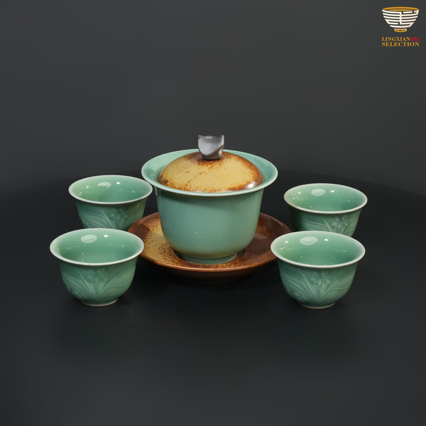 Wu Jun · Golden Orchid Celadon Tea Set｜One Gaiwan And Four Cups｜Embossed Orchid Motif · Cool Jade Glaze · Handmade Elegance