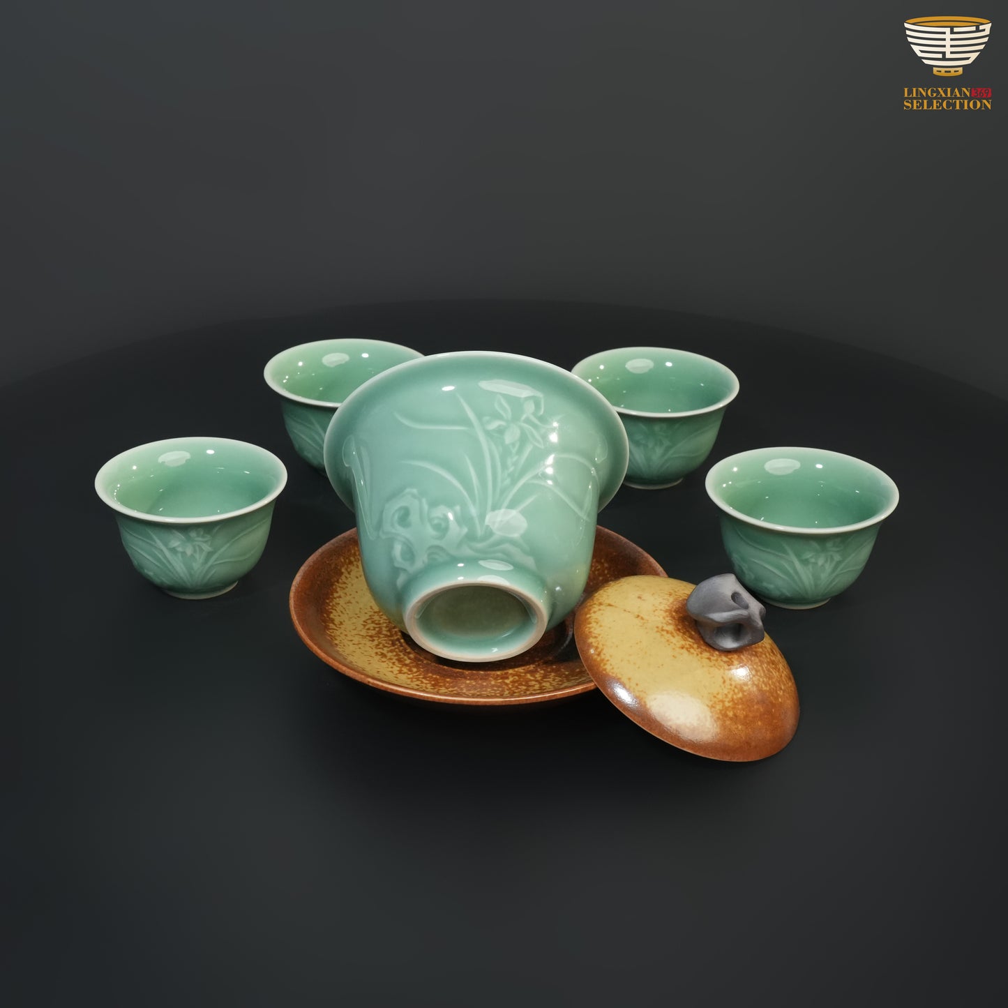 Wu Jun · Golden Orchid Celadon Tea Set｜One Gaiwan And Four Cups｜Embossed Orchid Motif · Cool Jade Glaze · Handmade Elegance