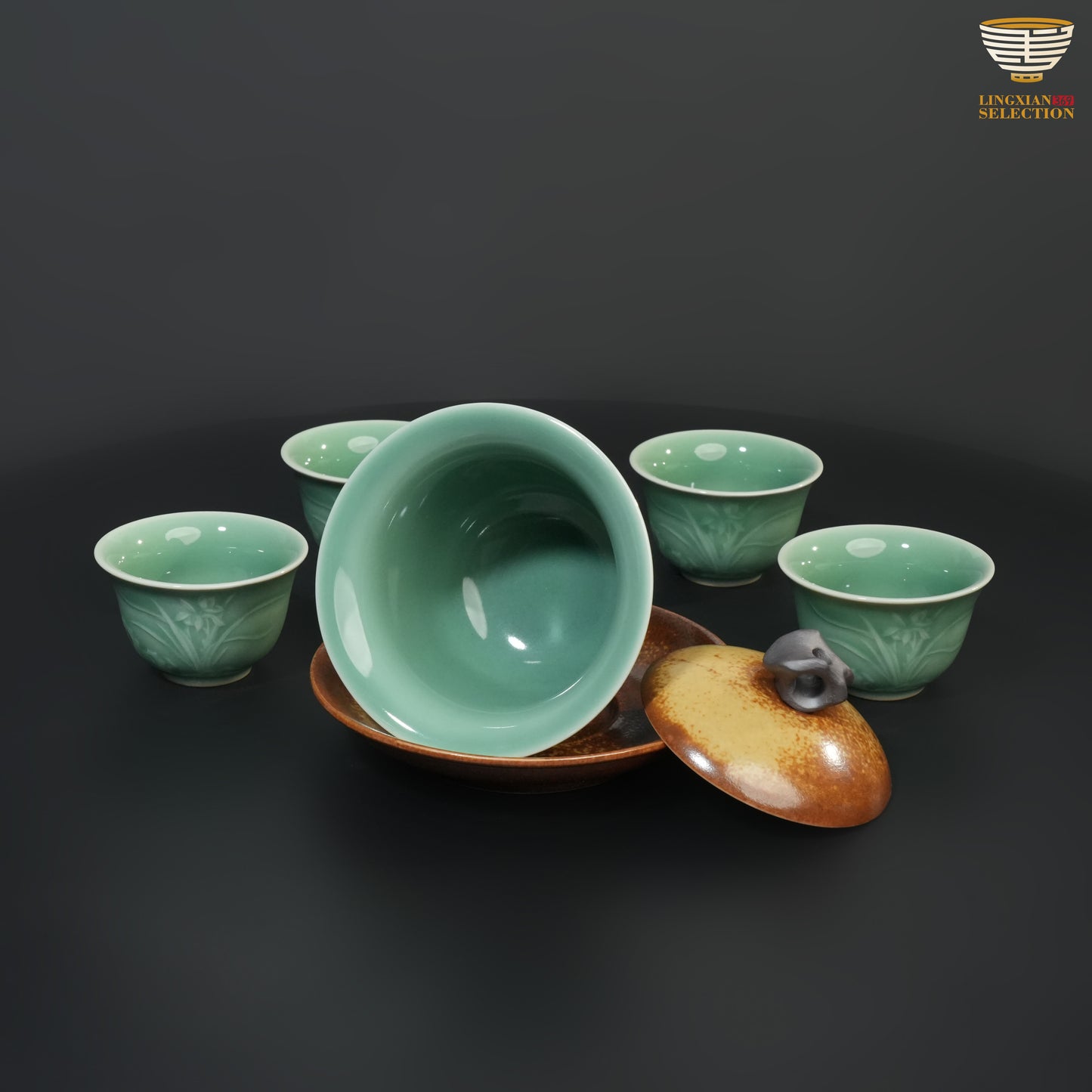 Wu Jun · Golden Orchid Celadon Tea Set｜One Gaiwan And Four Cups｜Embossed Orchid Motif · Cool Jade Glaze · Handmade Elegance