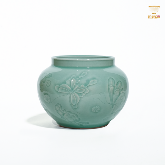 Liao Xinliang Butterfly Wash-Tank | Celadon Relief Art T Ware | Hand-Carved Butterfly Motif · Elegant Tea Rinse Bowl