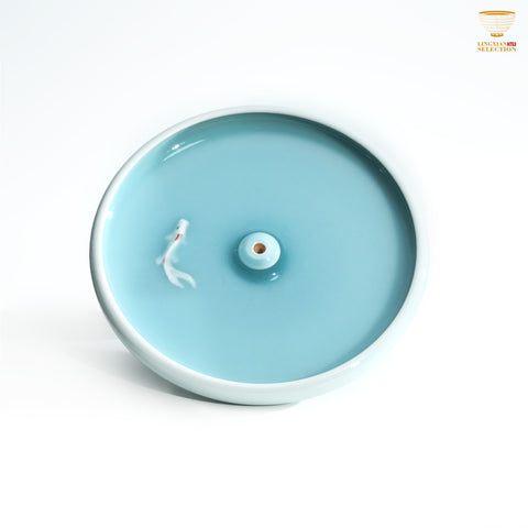 Jin Hongyang · Celadon Pink Blue Goldfish Incense Holder｜Rippling Water Aesthetics · Glossy Official Glaze · Handcrafted Elegance for the Tea & Incense Table