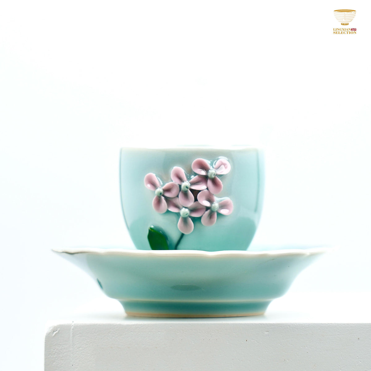 Lei Huixian Handmade Celadon Teacup Set | Cloud, Koi & Floral Relief Series | Sculpted 3D Porcelain Gift Set