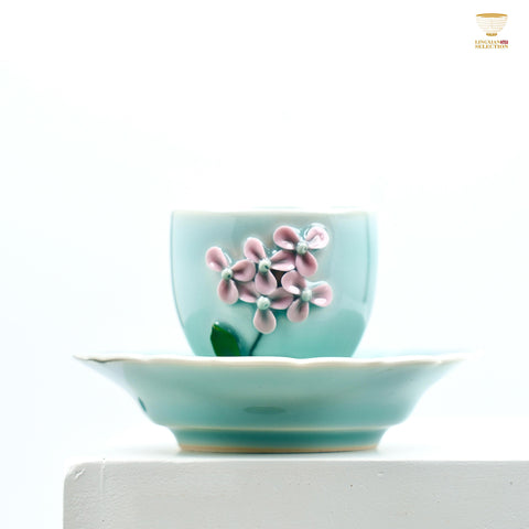 Lei Huixian Handmade Celadon Teacup Set | Cloud, Koi & Floral Relief Series | Sculpted 3D Porcelain Gift Set