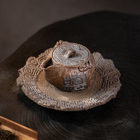 Jingdezhen Rustic Ceramic Tea Tray with Taotie Motif – Water-Storing Gongfu Tea Plate, Traditional Chinese Gift