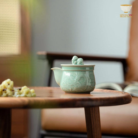 "Hope for Son to Succeed" Celadon Quick Pot | Tu Renzhai Celadon Fair Cup with Dragon Motif | Oriental Gift of Blessings | Handmade Chinese Ceramic