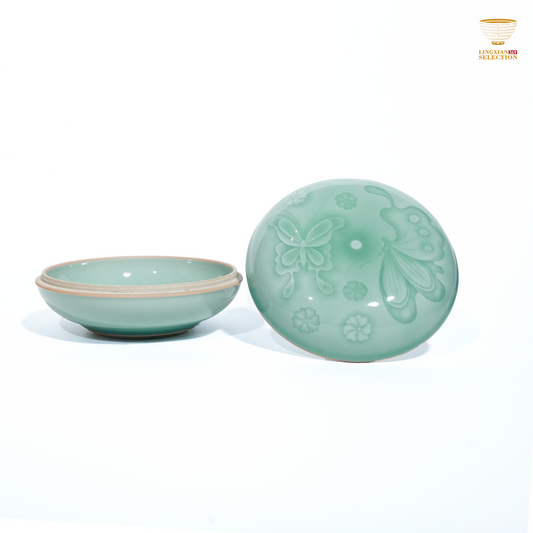 Liao Xinliang Butterfly Pattern Powder Box | Celadon Art Jewelry Storage Box | Handcrafted Porcelain with Floral & Butterfly Design | Elegant Oriental Gift
