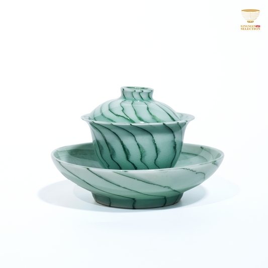 Liao Xinliang Celadon Marbled Gaiwan  | Handmade Celadon Art Tea Ware | Elegant Textured Chinese Tea Set