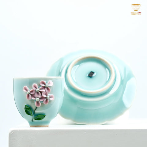 Lei Huixian Handmade Celadon Teacup Set | Cloud, Koi & Floral Relief Series | Sculpted 3D Porcelain Gift Set