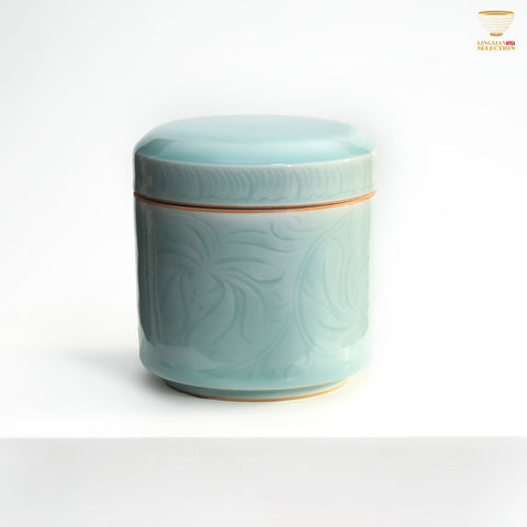 Jin Hongyang · Celadon Pink Blue Lotus-Patterned Tea Jar｜Hand-Carved Elegance · Delicate Lotus Motif · Smooth and Refined Texture · A Collector’s Choice for Tea Storage**