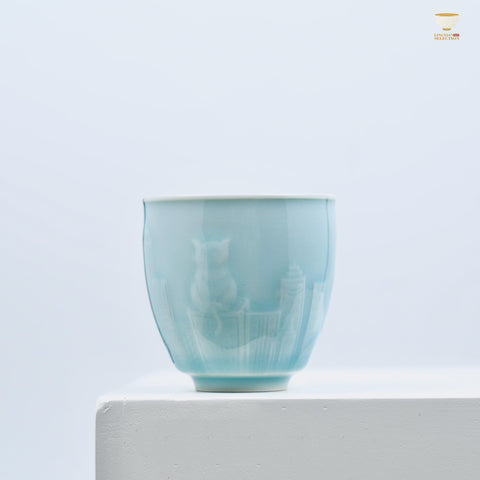 Celadon Relief Teacup by Lei Huixian | Glossy Jade-Like Glaze | Ideal for Daily Use or Gifting | Affordable Artisan Craft