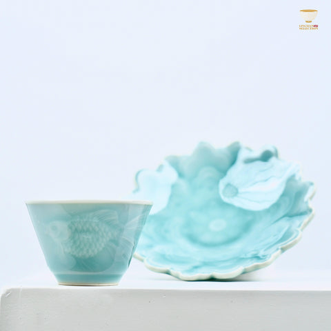 Lei Huixian Handmade Celadon Teacup Set | Cloud, Koi & Floral Relief Series | Sculpted 3D Porcelain Gift Set