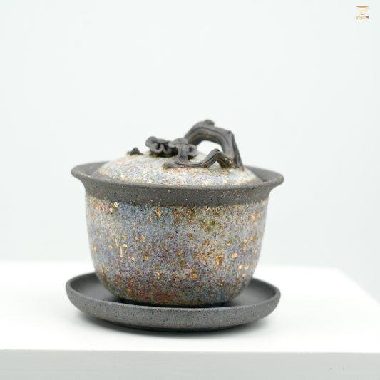 Gaoyue Aged Rock-Mineral Glaze Plum Blossom Gaiwan | Handcrafted Ceramic Teaware | Zen-Inspired Three-Piece Tea Bowl Set