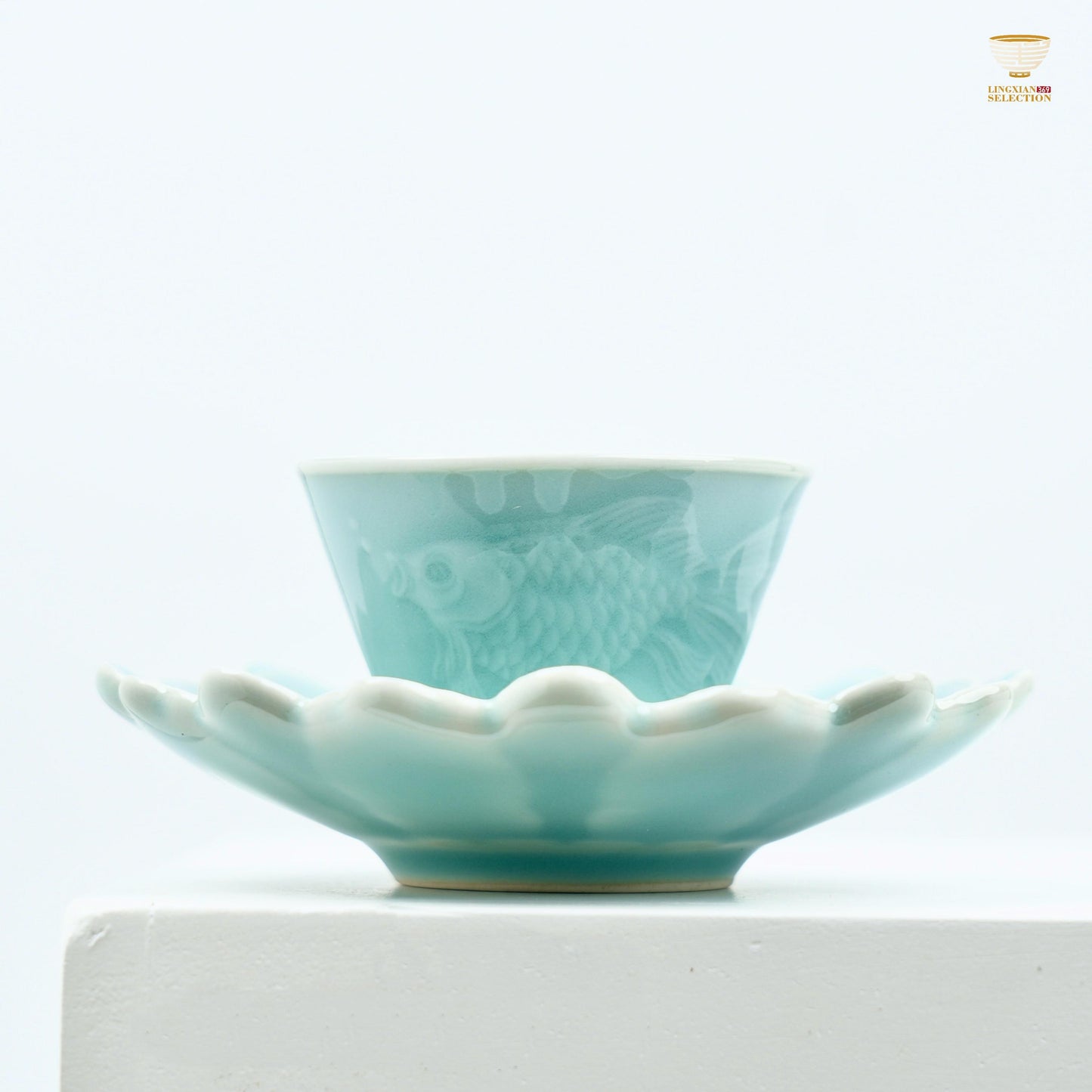 Lei Huixian Handmade Celadon Teacup Set | Cloud, Koi & Floral Relief Series | Sculpted 3D Porcelain Gift Set