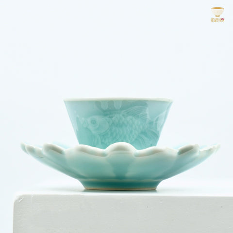Lei Huixian Handmade Celadon Teacup Set | Cloud, Koi & Floral Relief Series | Sculpted 3D Porcelain Gift Set