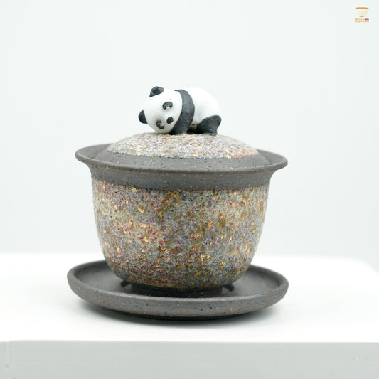 Gaoyue Aged Rock-Mineral Glaze Panda Gaiwan | Handcrafted Ceramic Teaware | Three-Piece Tea Bowl with Playful Panda Lid