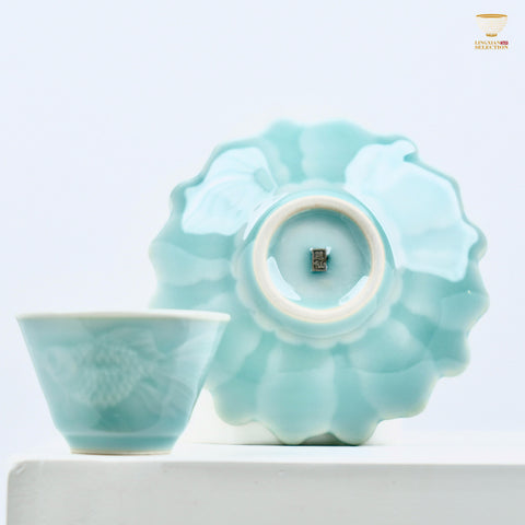 Lei Huixian Handmade Celadon Teacup Set | Cloud, Koi & Floral Relief Series | Sculpted 3D Porcelain Gift Set