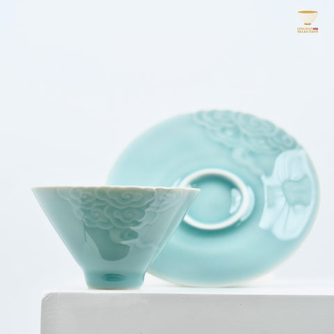 Lei Huixian Handmade Celadon Teacup Set | Cloud, Koi & Floral Relief Series | Sculpted 3D Porcelain Gift Set