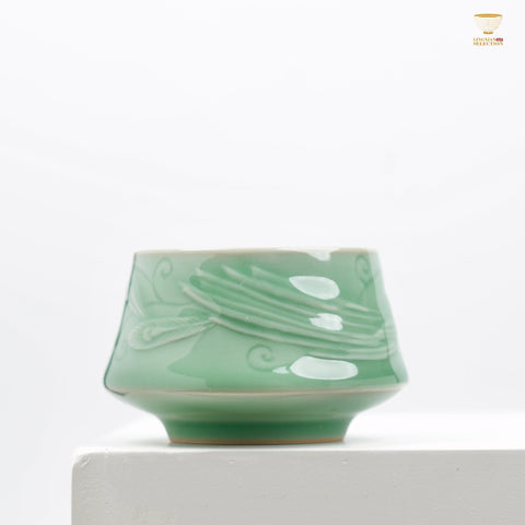 Celadon Relief Teacup by Lei Huixian | Glossy Jade-Like Glaze | Ideal for Daily Use or Gifting | Affordable Artisan Craft