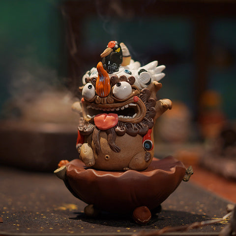 Celestial Crane & Pixiu Jingdezhen Handmade Tea Pet – Backflow Incense Burner | Traditional Chinese Gift