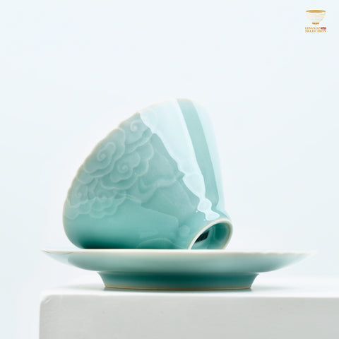Lei Huixian Handmade Celadon Teacup Set | Cloud, Koi & Floral Relief Series | Sculpted 3D Porcelain Gift Set