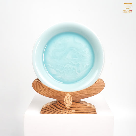 Jin Hongyang · Celadon Pink Blue Dragon, Soaring Crane & Auspicious Cloud Teapot Saucer｜High-Temperature Firing · Embossed Relief Motif · Artisan Handcrafted · Elegant Gifting Choice