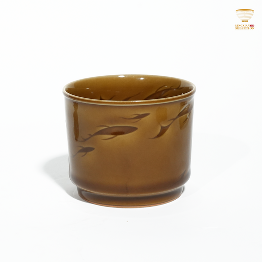 Liao Xinliang "Autumn Waters" Big Fish & Begonia Horizon Teacup | Celadon Art Ceramic Cup | Handmade · Minimalist & Elegant Drinking Cup