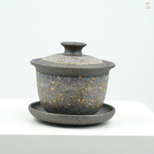Gaoyue Aged Rock-Mineral Glaze Crystal Gaiwan | Handcrafted Teaware | Oriental Three-Piece Tea Bowl Set