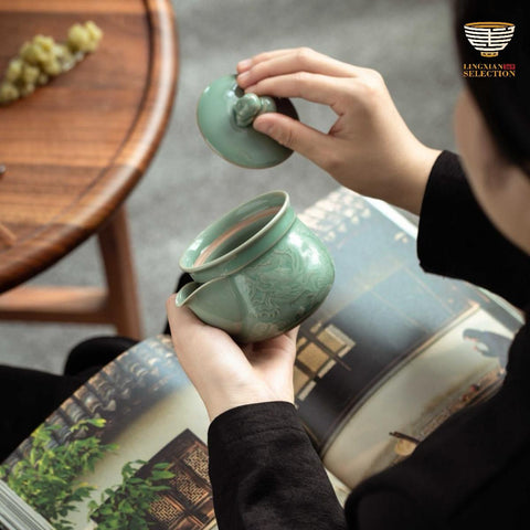 "Hope for Son to Succeed" Celadon Quick Pot | Tu Renzhai Celadon Fair Cup with Dragon Motif | Oriental Gift of Blessings | Handmade Chinese Ceramic