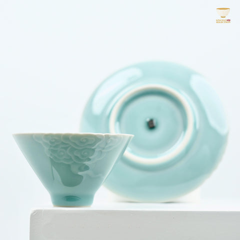 Lei Huixian Handmade Celadon Teacup Set | Cloud, Koi & Floral Relief Series | Sculpted 3D Porcelain Gift Set