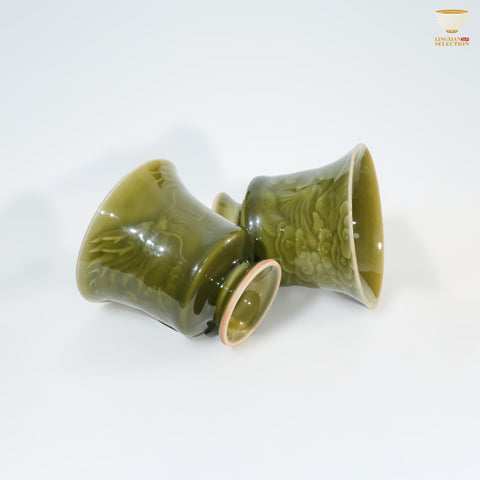 Jin Hongyang · Celadon Plum-Green Dragon & Phoenix Cup Set｜Imperial-Glazed Elegance · Auspicious Relief Carving · Paired Harmony · A Refined Gift for Couples
